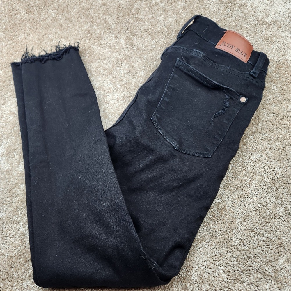 Judy Blue Black Distressed High Rise Skinny Jeans Raw Hem JB88562 BK Womens 7/28